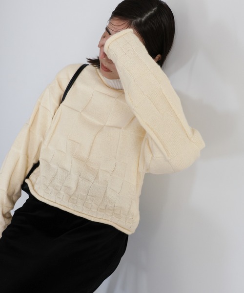 select MOCA(セレクトモカ)の「ブロックチェック編みニット(ニット/セーター・レディース・アイボリー/ブラック/チャコールグレー・FREE)」の21枚目の写真