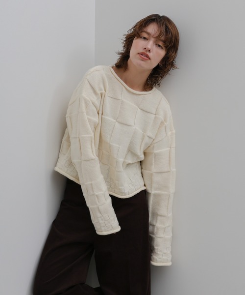 select MOCA(セレクトモカ)の「ブロックチェック編みニット(ニット/セーター・レディース・アイボリー/ブラック/チャコールグレー・FREE)」の14枚目の写真