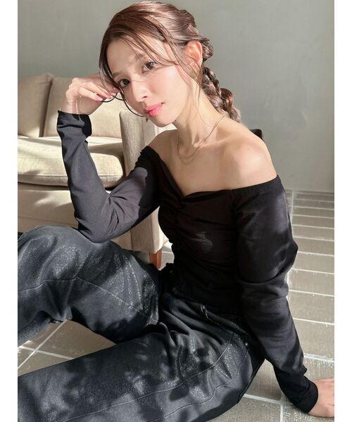 高級素材使用ブランド セール】デコルテギャザーカットトップス（Tシャツ/カットソー スキー