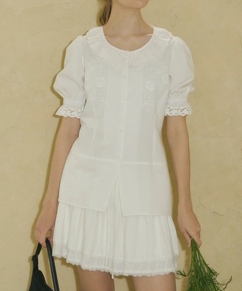 GIUNON（ジウノン）の「embroidery frill puff blouse / エンブロイダリーフリルパフブラウス（シャツ/ブラウス・レディース・ブラック/ホワイト・FREE）」の5枚目の写真