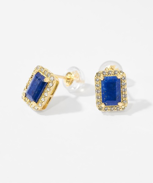 Jewel closet by L&Co.(ジュエルクローゼットバイエルアンドコー)の「K18 ダイヤモンド ヘイロー/取り巻き カラーストーン ピアス 4x6(ピアス(両耳用)・レディース・ネイビー/クリアブラウン/ワインレッド/モスグリーン/ダークブルー/ロイヤルブルー・FREE)」の15枚目の写真