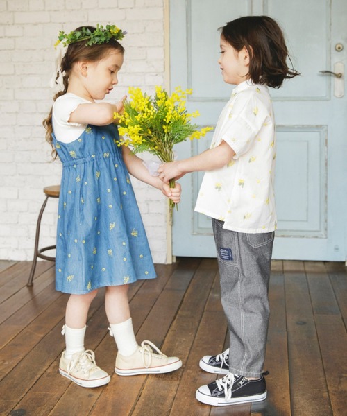 BRANSHES（ブランシェス）の「【おそろい】ミモザ刺繍5分袖シャツ（シャツ/ブラウス・キッズ・ブルー/オフホワイト・150/120/140/130/110/90/100/80）」の5枚目の写真