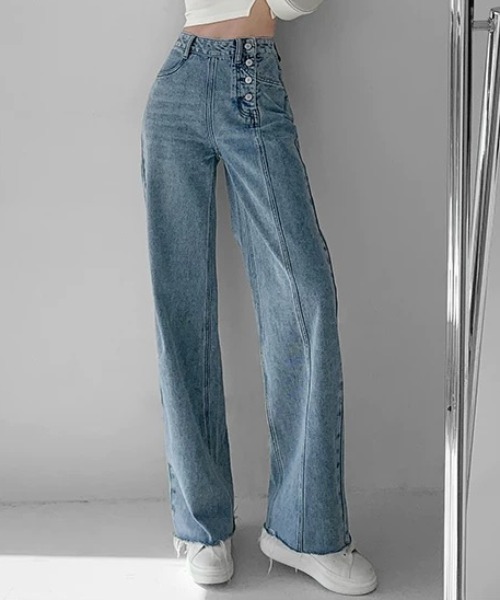 ampm(エーエムピーエム)の「※ハイウエスト切りっぱなしデニムストレートパンツ(デニムパンツ・レディース・ブルー・L/M/S)」の3枚目の写真