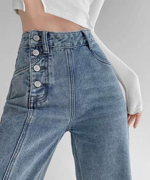 ampm(エーエムピーエム)の「※ハイウエスト切りっぱなしデニムストレートパンツ(デニムパンツ・レディース・ブルー・L/M/S)」の2枚目の写真