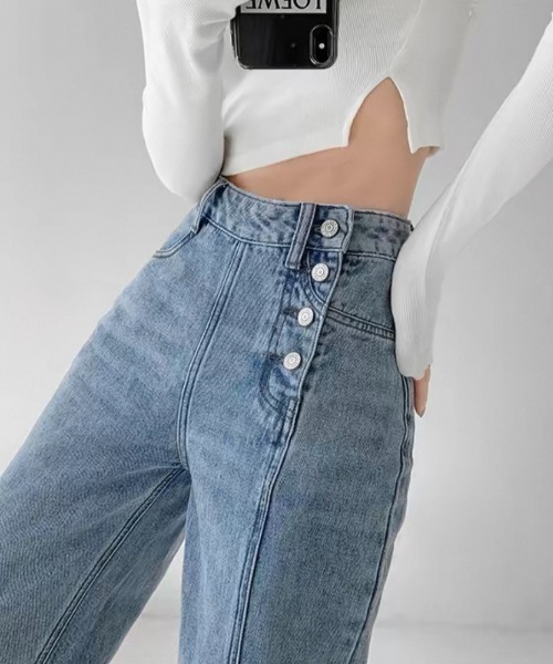 ampm(エーエムピーエム)の「※ハイウエスト切りっぱなしデニムストレートパンツ(デニムパンツ・レディース・ブルー・L/M/S)」の6枚目の写真