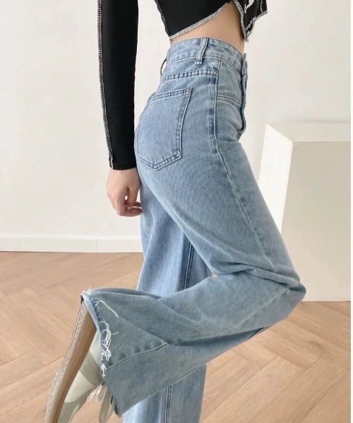 ampm(エーエムピーエム)の「※ハイウエスト切りっぱなしデニムストレートパンツ(デニムパンツ・レディース・ブルー・L/M/S)」の7枚目の写真