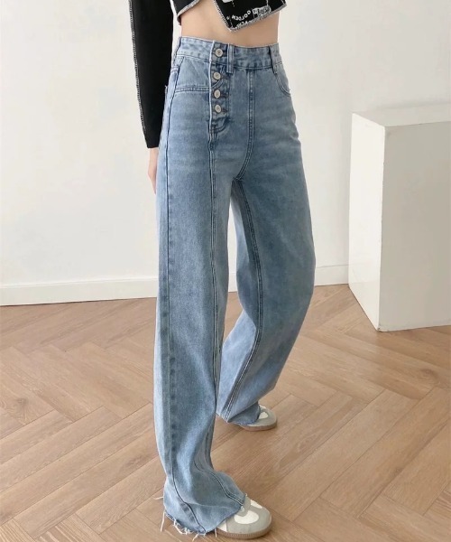 ampm(エーエムピーエム)の「※ハイウエスト切りっぱなしデニムストレートパンツ(デニムパンツ・レディース・ブルー・L/M/S)」の9枚目の写真