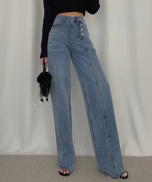 ampm(エーエムピーエム)の「※ハイウエスト切りっぱなしデニムストレートパンツ(デニムパンツ・レディース・ブルー・L/M/S)」の11枚目の写真