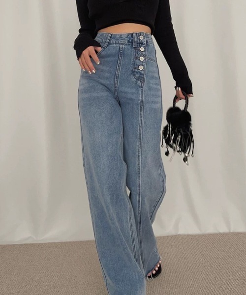 ampm(エーエムピーエム)の「※ハイウエスト切りっぱなしデニムストレートパンツ(デニムパンツ・レディース・ブルー・L/M/S)」の12枚目の写真