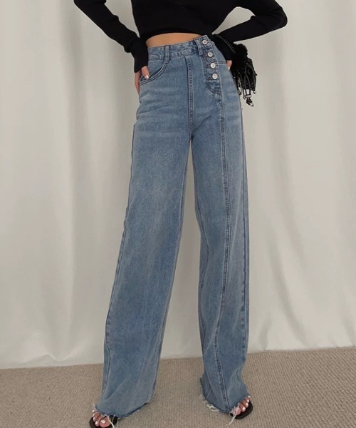ampm(エーエムピーエム)の「※ハイウエスト切りっぱなしデニムストレートパンツ(デニムパンツ・レディース・ブルー・L/M/S)」の13枚目の写真