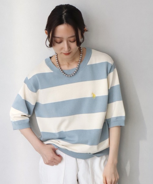 U.S. POLO ASSN.(ユーエスポロアッスン)の「【U.S. POLO ASSN./ユーエスポロアッスン】リブ編み 太ボーダー ショートニット(ニット/セーター・レディース・ブラック/サックスブルー/ベージュ・M/L/LL)」の8枚目の写真