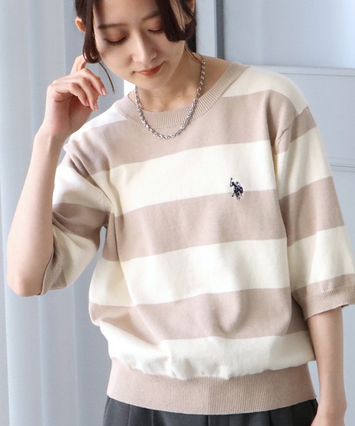 U.S. POLO ASSN.(ユーエスポロアッスン)の「【U.S. POLO ASSN./ユーエスポロアッスン】リブ編み 太ボーダー ショートニット(ニット/セーター・レディース・ブラック/サックスブルー/ベージュ・M/L/LL)」の4枚目の写真