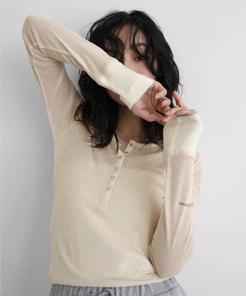 tシャツ ヘンリーネックシアーカットソー レディース ヘンリーネックシアートップス（Tシャツ/カットソー）｜hellam