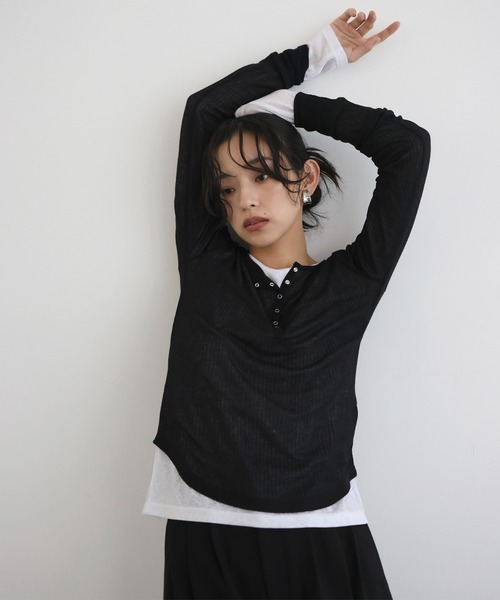 tシャツ ヘンリーネックシアーカットソー レディース ヘンリーネックシアートップス（Tシャツ/カットソー）｜hellam