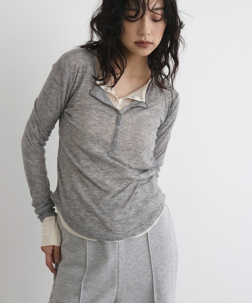 hellam(へラム)の「ヘンリーネックシアートップス(Tシャツ/カットソー・レディース・杢グレー/ピンク/アイボリー/ブラック・FREE)」の8枚目の写真