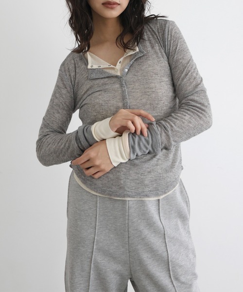 hellam(へラム)の「ヘンリーネックシアートップス(Tシャツ/カットソー・レディース・杢グレー/ピンク/アイボリー/ブラック・FREE)」の10枚目の写真