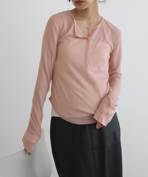 tシャツ ヘンリーネックシアーカットソー レディース ヘンリーネックシアートップス（Tシャツ/カットソー）｜andme