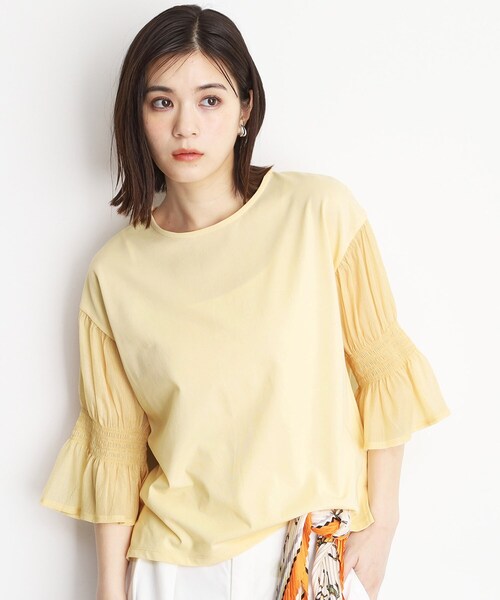 THE SHOP TK (ザ ショップ ティーケー )の「袖シャーリングシアープルオーバー【洗濯機OK】(Tシャツ/カットソー・レディース・グリーン系/ライトイエロー系/オフホワイト/ブラック・12/13)」の5枚目の写真