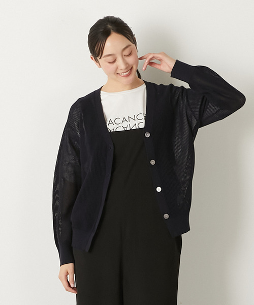 MELROSE claire（メルローズ クレール）の「【コットンメッシュVネックカーディガン】（カーディガン/ボレロ・レディース・ライトイエロー/オフホワイト/ネイビー・FREE）」の2枚目の写真