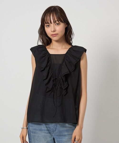 EMMEL REFINES（エメルリファインズ）の「＜EMMEL REFINES＞EM Vフリル リボンノースリーブ ブラウス（シャツ/ブラウス・レディース・ブラック/ライトブルー・FREE）」の2枚目の写真