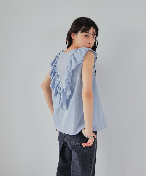 EMMEL REFINES（エメルリファインズ）の「＜EMMEL REFINES＞EM Vフリル リボンノースリーブ ブラウス（シャツ/ブラウス・レディース・ブラック/ライトブルー・FREE）」の6枚目の写真