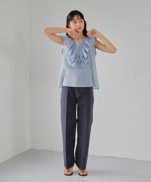 EMMEL REFINES（エメルリファインズ）の「＜EMMEL REFINES＞EM Vフリル リボンノースリーブ ブラウス（シャツ/ブラウス・レディース・ブラック/ライトブルー・FREE）」の20枚目の写真