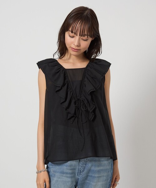 EMMEL REFINES（エメルリファインズ）の「＜EMMEL REFINES＞EM Vフリル リボンノースリーブ ブラウス（シャツ/ブラウス・レディース・ブラック/ライトブルー・FREE）」の10枚目の写真