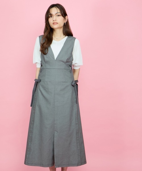 QUEENS COURT(クイーンズコート)の「デニムライクリボンワンピース≪手洗い可能≫(ワンピース・レディース・ネイビー/ライトグレー・M)」の2枚目の写真