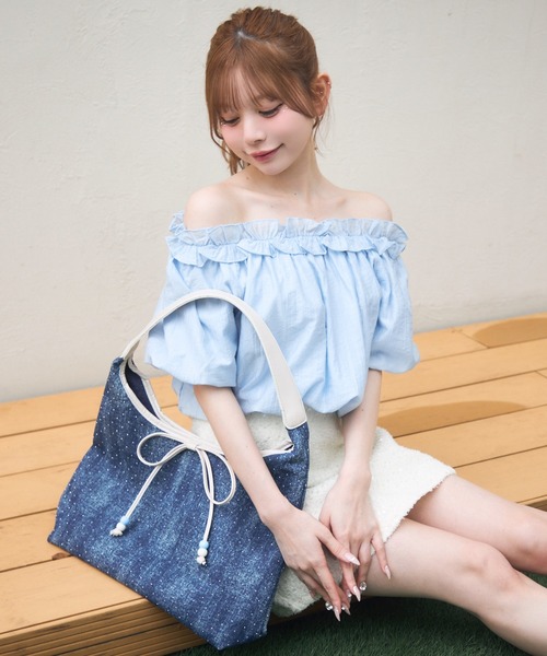 liten リテン　キャンディブラウス　ブルー　ミント　美品 セール】キャンディーオフショルブラウス（シャツ/ブラウス