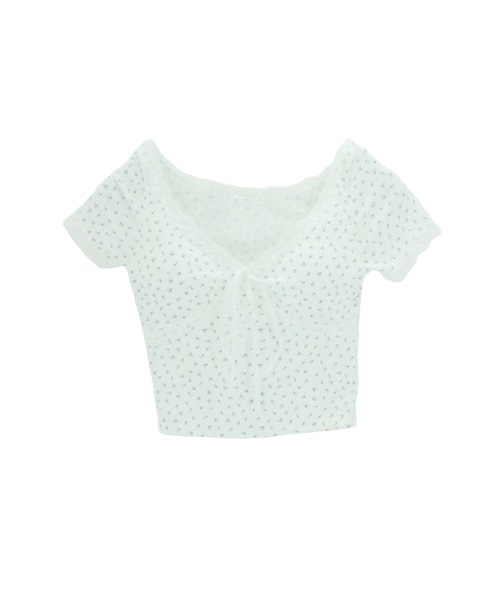 ALLuRing ChaRm(アリュリングチャーム)の「【カップ付き】Frill Neck Floral Print Tops / フリルネックフローラルプリントトップス 小花柄(Tシャツ/カットソー・レディース・ホワイト/ブラック・FREE)」の13枚目の写真