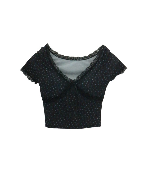 ALLuRing ChaRm(アリュリングチャーム)の「【カップ付き】Frill Neck Floral Print Tops / フリルネックフローラルプリントトップス 小花柄(Tシャツ/カットソー・レディース・ホワイト/ブラック・FREE)」の10枚目の写真