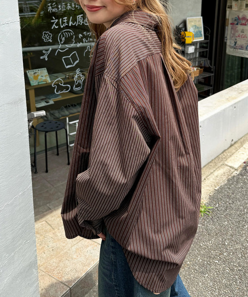 DOUBLE NAME（ダブルネーム）の「【m:rex】ミニ恐竜ワッペンクレイジーストライプシャツ（シャツ/ブラウス・レディース・ベージュ/ブラウン/ブルー・FREE）」の9枚目の写真