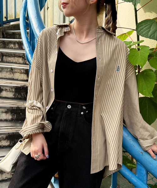 DOUBLE NAME（ダブルネーム）の「【m:rex】ミニ恐竜ワッペンクレイジーストライプシャツ（シャツ/ブラウス・レディース・ベージュ/ブラウン/ブルー・FREE）」の12枚目の写真