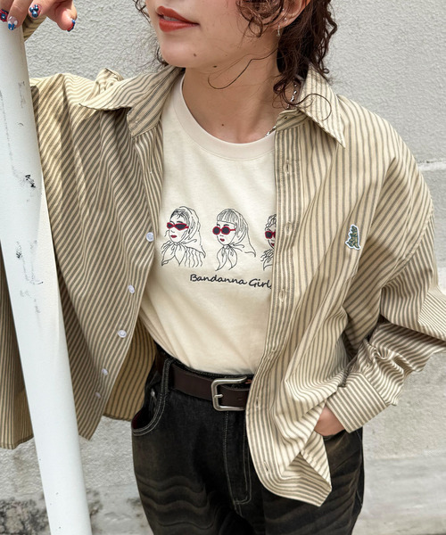 DOUBLE NAME（ダブルネーム）の「【m:rex】ミニ恐竜ワッペンクレイジーストライプシャツ（シャツ/ブラウス・レディース・ベージュ/ブラウン/ブルー・FREE）」の14枚目の写真