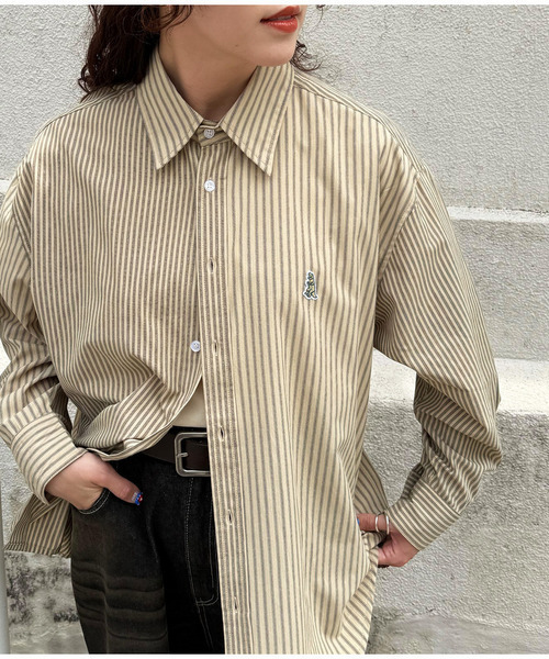 DOUBLE NAME（ダブルネーム）の「【m:rex】ミニ恐竜ワッペンクレイジーストライプシャツ（シャツ/ブラウス・レディース・ベージュ/ブラウン/ブルー・FREE）」の15枚目の写真