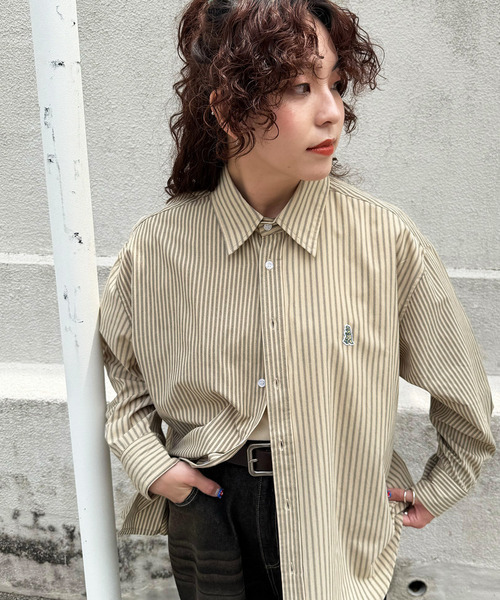 DOUBLE NAME（ダブルネーム）の「【m:rex】ミニ恐竜ワッペンクレイジーストライプシャツ（シャツ/ブラウス・レディース・ベージュ/ブラウン/ブルー・FREE）」の18枚目の写真