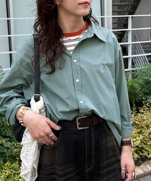 セール】【m:rex】ミニ恐竜ワッペンクレイジーストライプシャツ