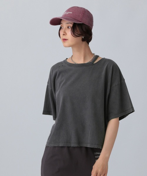 LEPSIM(レプシィム)の「カットアウトダメージT 492799(Tシャツ/カットソー・レディース・チャコールグレー/ブルー/アイボリー・FREE)」の1枚目の写真