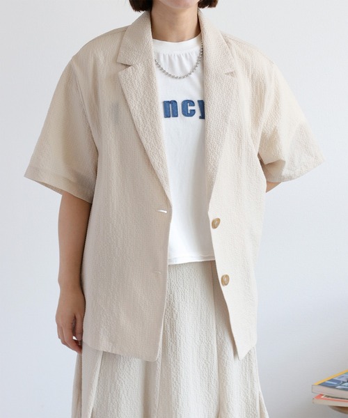 cepo（セポ）の「〈セットアップ対応〉速乾＆涼感 リサイクルポリサッカーテーラードジャケット（テーラードジャケット・レディース・ブラウン/ブラック/オフホワイト・M）」の12枚目の写真