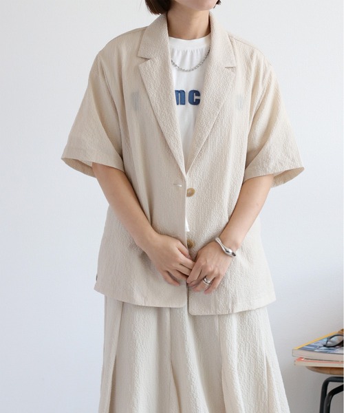 cepo（セポ）の「〈セットアップ対応〉速乾＆涼感 リサイクルポリサッカーテーラードジャケット（テーラードジャケット・レディース・ブラウン/ブラック/オフホワイト・M）」の13枚目の写真