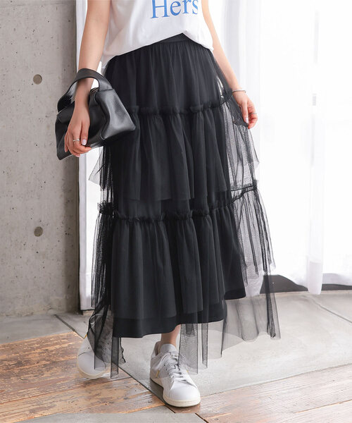 Petitle（プチレ）の「[ 低身長向けサイズ ] チュールティアードスカート（スカート・レディース・ブラック/ホワイト・PM）」の2枚目の写真