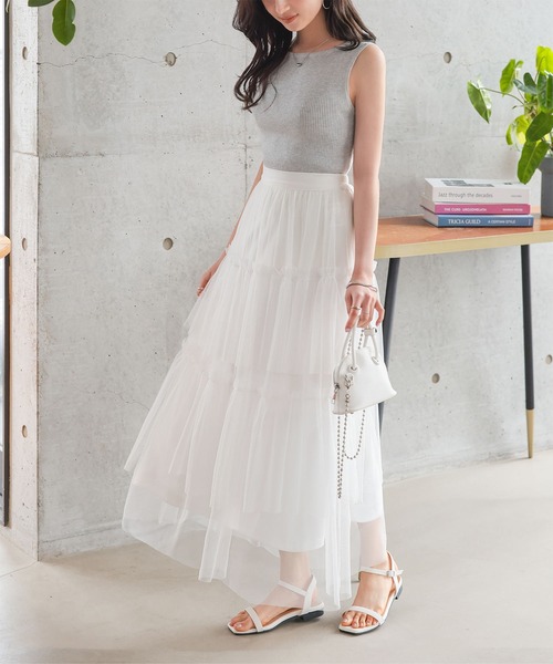 Petitle（プチレ）の「[ 低身長向けサイズ ] チュールティアードスカート（スカート・レディース・ブラック/ホワイト・PM）」の3枚目の写真