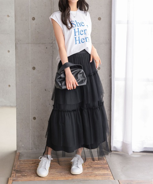 Petitle（プチレ）の「[ 低身長向けサイズ ] チュールティアードスカート（スカート・レディース・ブラック/ホワイト・PM）」の6枚目の写真