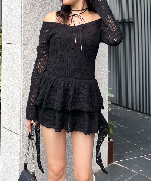 透かし編みティアードニットワンピース