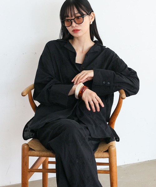 No Rule No Line(ノール-ルノーライン)の「コットンフラワーエンブロイダリーレースシャツ パンチング刺繍レース(スカラップ)レースシアーシャツ(シャツ/ブラウス・レディース・ブラック/ホワイト・FREE)」の16枚目の写真