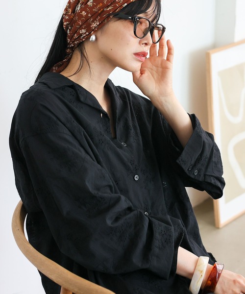 No Rule No Line(ノール-ルノーライン)の「コットンフラワーエンブロイダリーレースシャツ パンチング刺繍レース(スカラップ)レースシアーシャツ(シャツ/ブラウス・レディース・ブラック/ホワイト・FREE)」の20枚目の写真