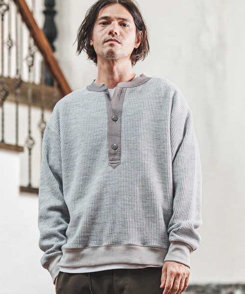 CAMBIO（カンビオ）の「msw1738- ウール混ビッグワッフルヘンリーネックニットソー(CAM-6649)（Tシャツ/カットソー・メンズ・ブラック/杢グレー/マスタード・M/L）」の10枚目の写真