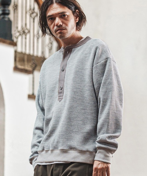 CAMBIO（カンビオ）の「msw1738- ウール混ビッグワッフルヘンリーネックニットソー(CAM-6649)（Tシャツ/カットソー・メンズ・ブラック/杢グレー/マスタード・M/L）」の11枚目の写真