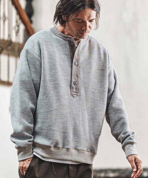 CAMBIO（カンビオ）の「msw1738- ウール混ビッグワッフルヘンリーネックニットソー(CAM-6649)（Tシャツ/カットソー・メンズ・ブラック/杢グレー/マスタード・M/L）」の12枚目の写真