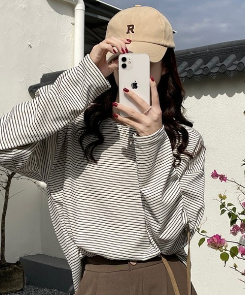 SHEPP(シープ)の「オーバーシルエット ボーダーロンT(Tシャツ/カットソー・レディース・ブラック/ブラウン/ホワイト・L/M)」の1枚目の写真